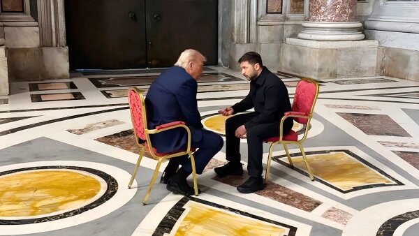 Президент США Дональд Трамп отчитывает Владимира Зеленского за срыв переговоров в соборе Святого Петра в Ватикане. Обложка © Gettyimages / Handout