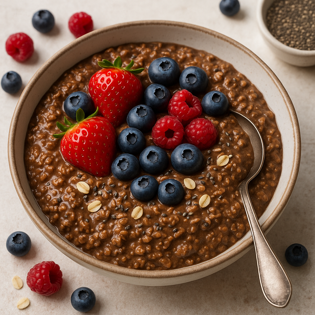 Шоколадная овсянка с семенами чиа и свежими ягодами


