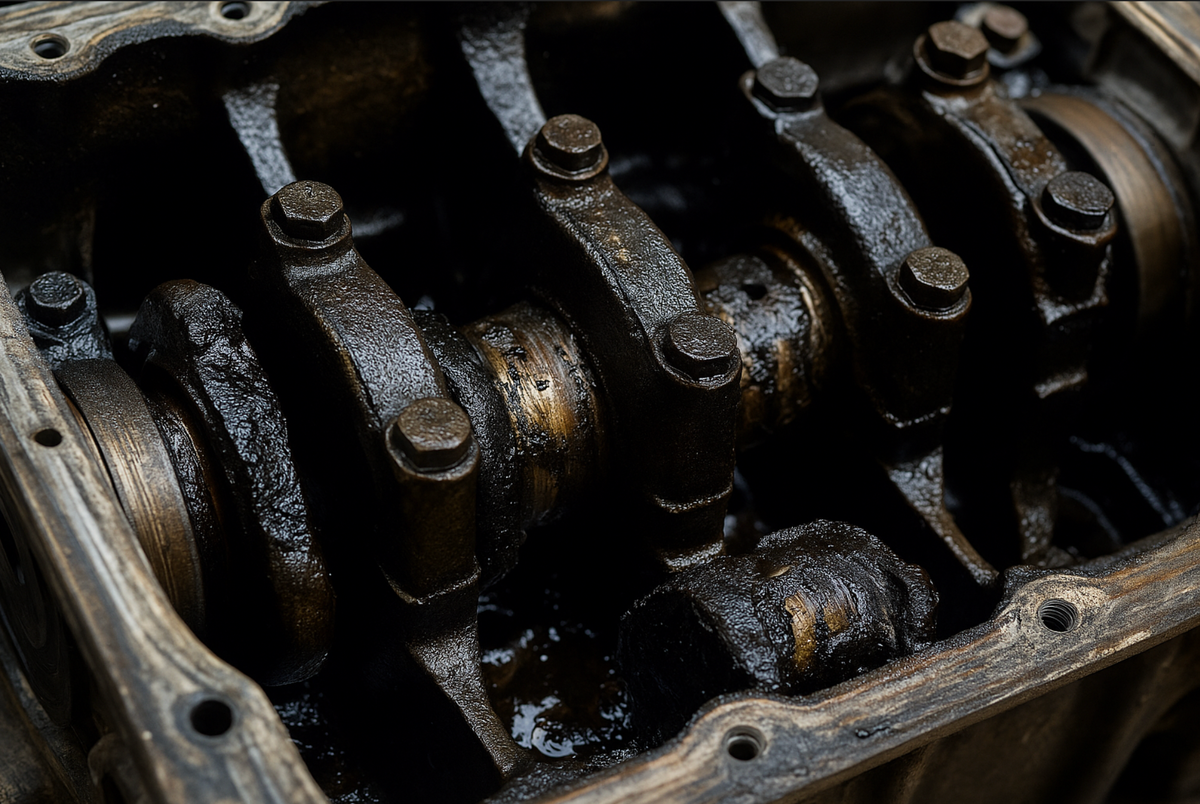 На изображении: разобранный двигатель, а точнее его нижняя часть —
виден коленчатый вал с крышками шатунных подшипников.