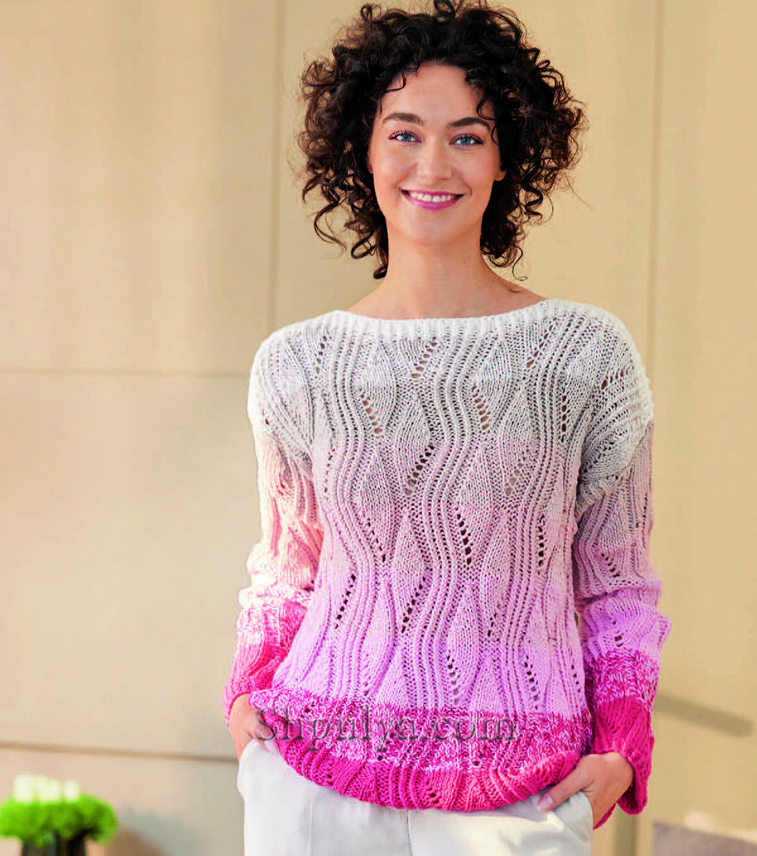 Пуловер с горловиной-лодочкой и ажурными полосами