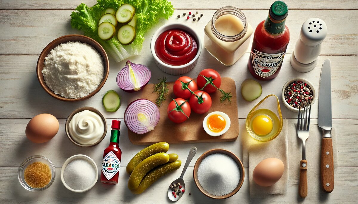 Ингредиенты для соуса тысяча островов разложены на светлом деревянном столе: майонез, кетчуп, маринованные огурцы, красный лук, яйца, табаско, сахар, соль, перец, помидоры, салат
