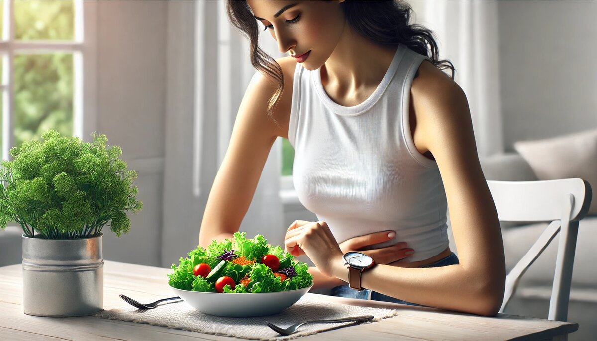 Женщина ест полезный салат, контролируя аппетит во время интервального голодания