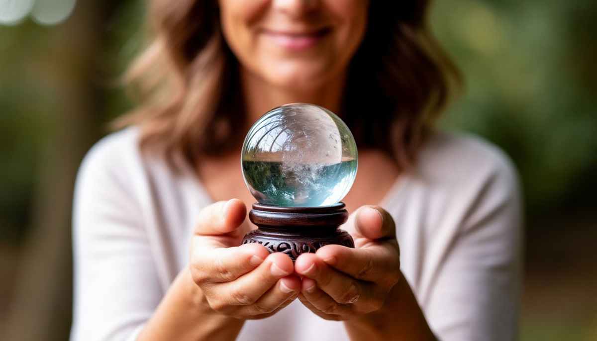 женщина держит эзотерический шар