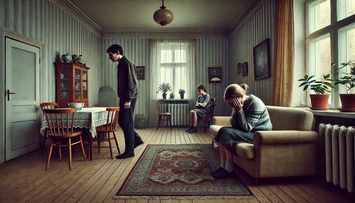 Трудный разговор в гостиной: Галина Петровна в отчаянии на диване, Вера Николаевна сжалась на стуле, Сергей нервно ходит по комнате. Семейный конфликт из-за новых отношений сына. 