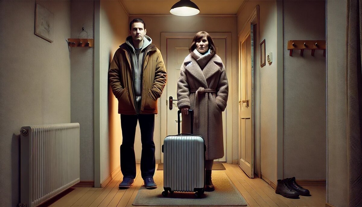 Сергей и Вера с чемоданом стоят в прихожей квартиры, напряженная атмосфера перед важным разговором или переездом. 