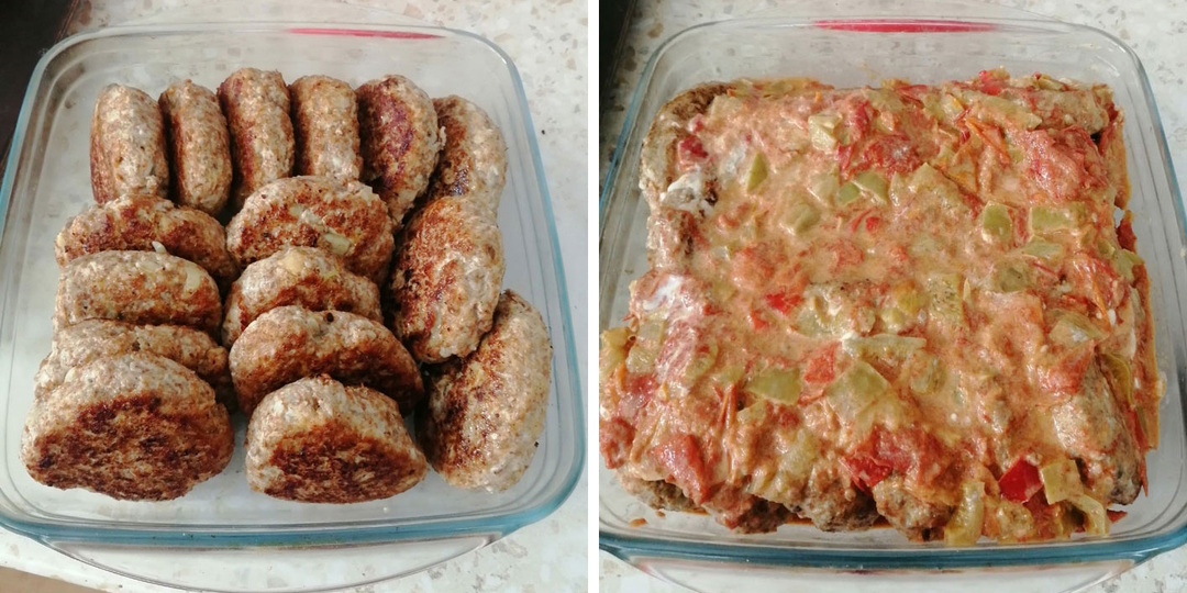 Котлеты из куриного фарша и шампиньонов, запечённые с соусом