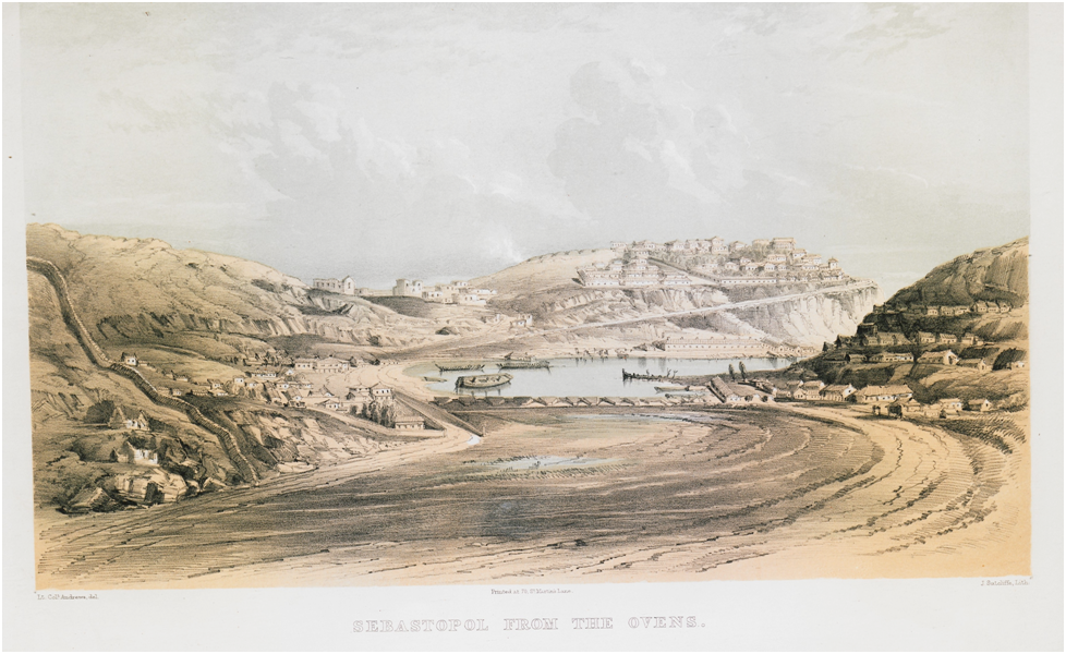 Разрушенное здание театра видно в центре картины: стоит на среднем невысоком холме. ANDREWS, Mottram, Lieutenant Colonel. A Series of Views in Turkey and the Crimea, from The Embarcation at Gallipoli to the Fall Of Sebastopol, London, Thomas McLean & Co, 1856