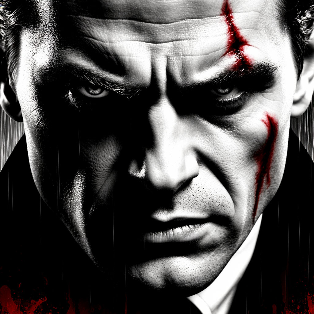 Крупный план лица злодея, в котором смешались жестокость и боль