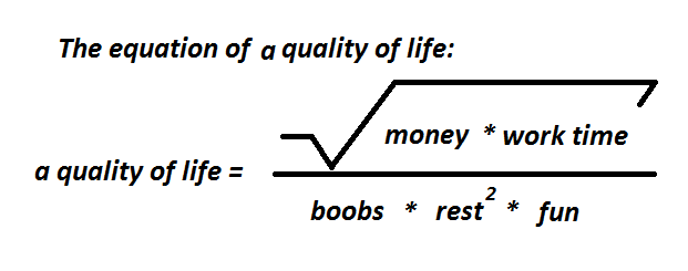 Уравнение, которое я вывел 10 лет назад. Сейчас, я бы сказал, что в числителе должен быть log(money * work hours), а в знаменателе по идее должна быть Σ(...). И да, в уравнении написано "титьки", литерали как Денджи из человека-бензопилы, ну, и кривой английский. А, вообще даже не спрашивайте меня, что здесь происходит.