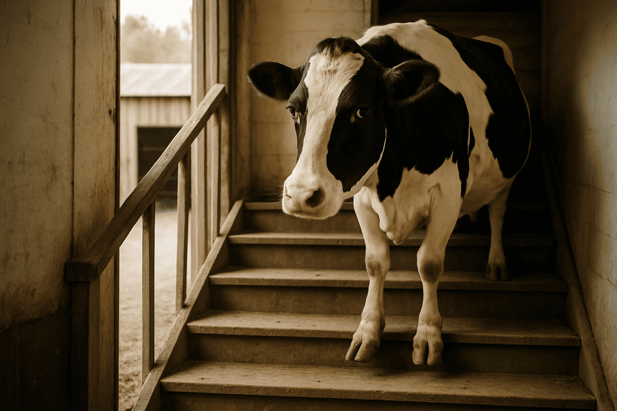    Для коров даже несколько ступенек вниз — это большой риск, т. к. уже на второй или третьей ступени они теряют равновесие.