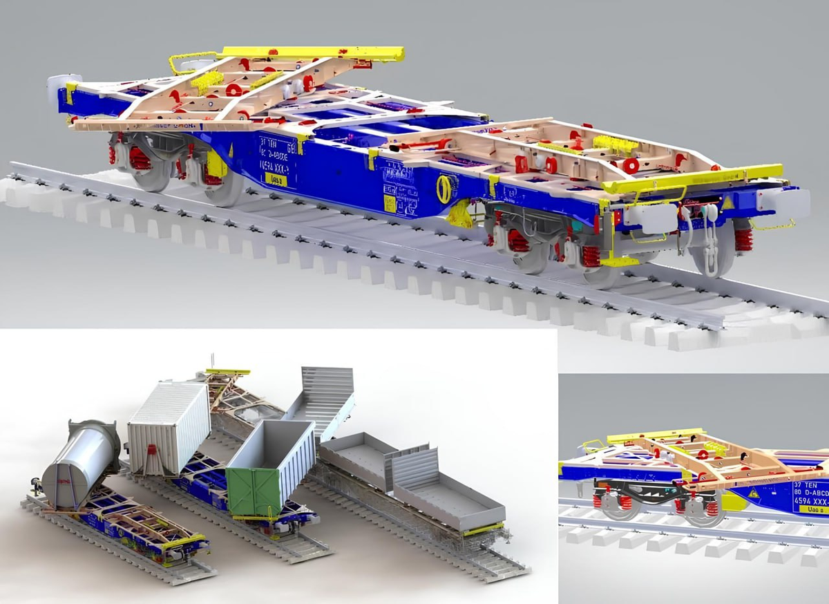 Рендер вагона-платформы с поворотной рамой BaseFrame 45ft для откатных контейнеров на роликах. Источник: Boxmover