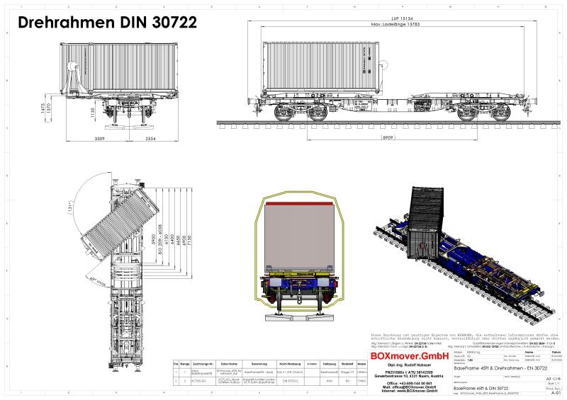 Чертеж грузового вагона с поворотной рамой BaseFrame 45ft для откатных контейнеров на роликах. Источник: Boxmover