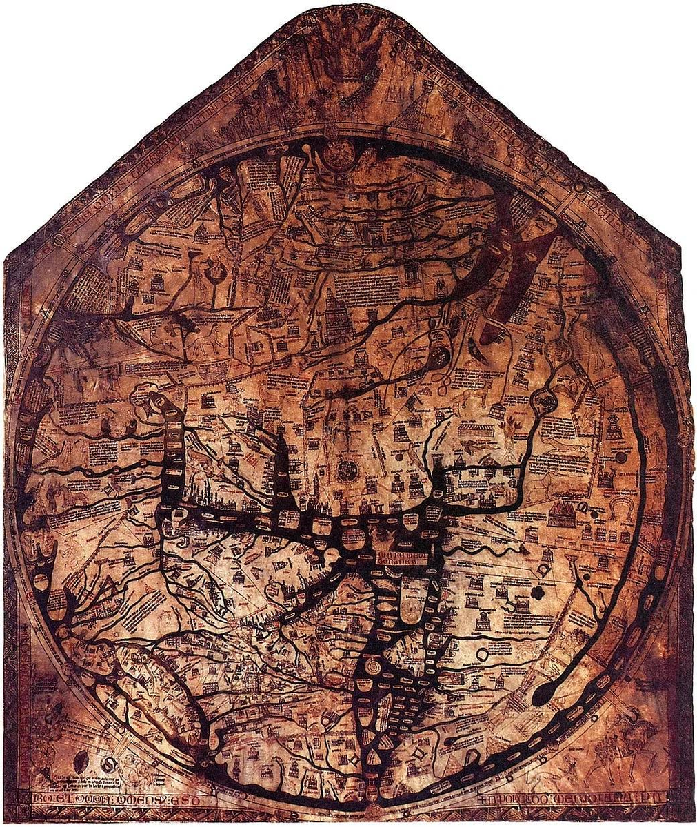 Херефордская карта мира (Hereford Mappa Mundi). Великолепная карта с городами, монстрами, мифологическими и библейскими сюжетами, слонами и единорогами. Примерно 1290 год.