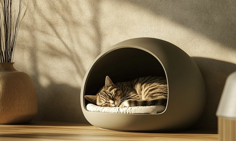 Кошка спит в своей домике. Она чувствует себя в безопасности