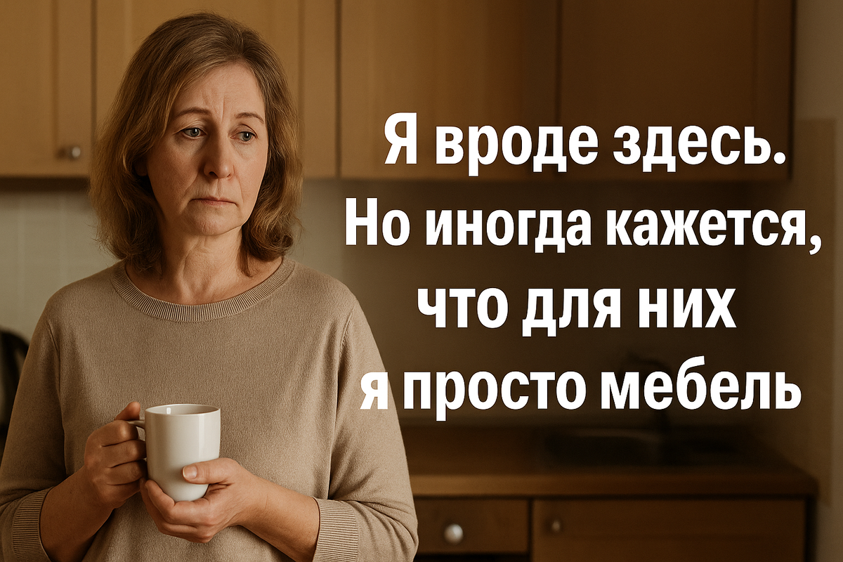 Женщина 50+ сидит на кухне с чашкой чая в руках, задумчиво смотрит в окно, чувствует одиночество в семье, ощущает себя незаметной. Атмосфера лёгкой грусти и поиска своего места.