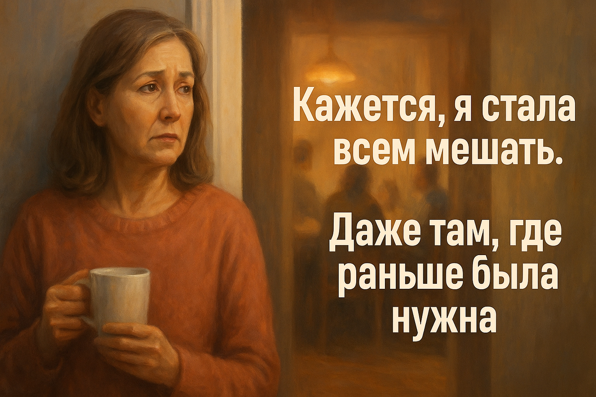 Женщина 50+ стоит у двери комнаты, в руке чашка, взгляд задумчивый, с лёгкой грустью и надеждой. Атмосфера поиска своего места среди семьи, ощущения ненужности, но желания быть рядом.