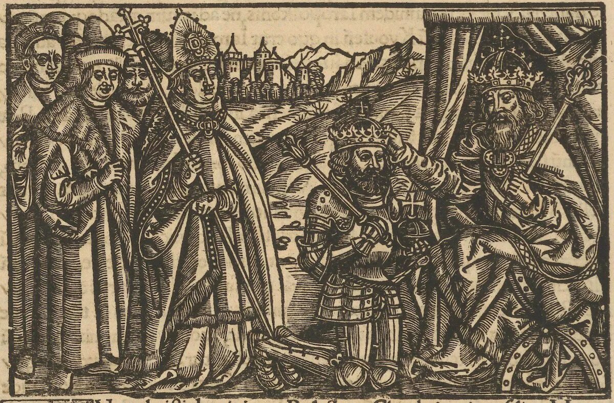 Оттон III  возлагает диадему на голову Болеслава. «Польская хроника», 1519 год. Национальная библиотека Польши. Общественное достояние.