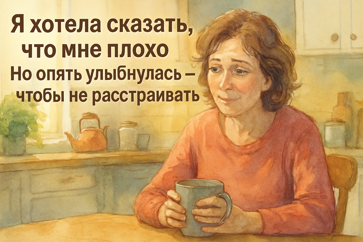 Женщина 50+ на кухне, стоит с чашкой, улыбка натянутая, глаза задумчивые. Атмосфера внутренней усталости, желания быть услышанной, скрытых чувств.