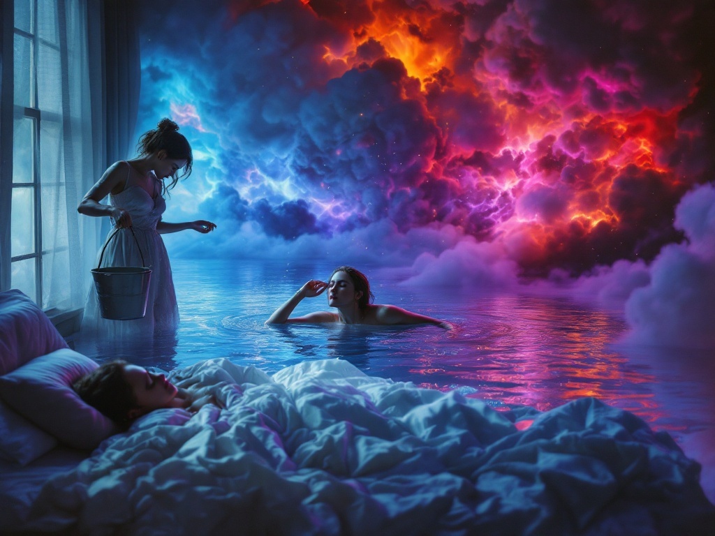    К чему такое снится: На картине изображена женщина, стоящая в комнате с ведром воды. Она касается одного уха, а в ведре другая женщина в воде ищет что-то, выглядывая с разочарованием и г