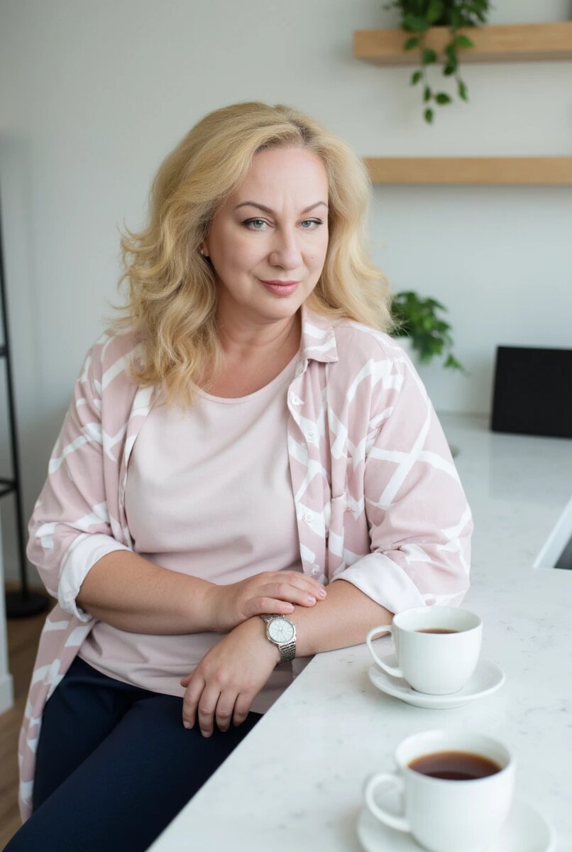 Фото создано по промпту и по подели. A confident mature woman in a modern kitchen, leaning on the counter with a cup of tea. Casual chic look with rolled-up sleeves and a watch. Clean interior with greenery, natural daylight, lifestyle branding photo