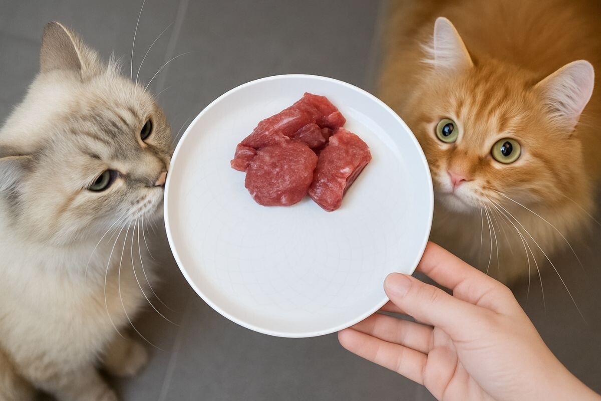 Хозяйка кормит кошек 