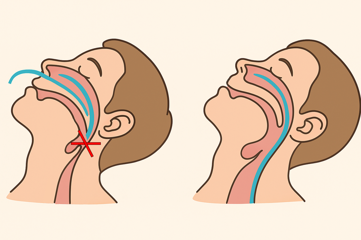 Слева красным крестом обозначен заблокированный дыхательный путь.