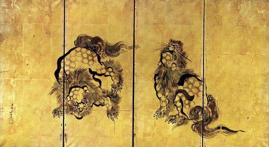 Ширма с изображением львов, Кацусика Хокусай
