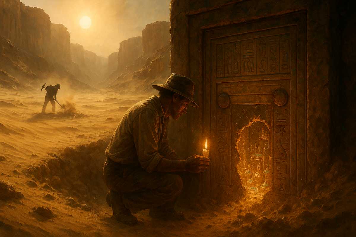 Завал песчаных обломков у гробницы Рамсеса VI скрывал тайный вход: под каменными плитами открылись древние ступени вниз. В жаркой тишине пустыни археологи впервые увидели запечатанную дверь, за которой три тысячи лет дремали чудесные сокровища юного фараона Тутанхамона.