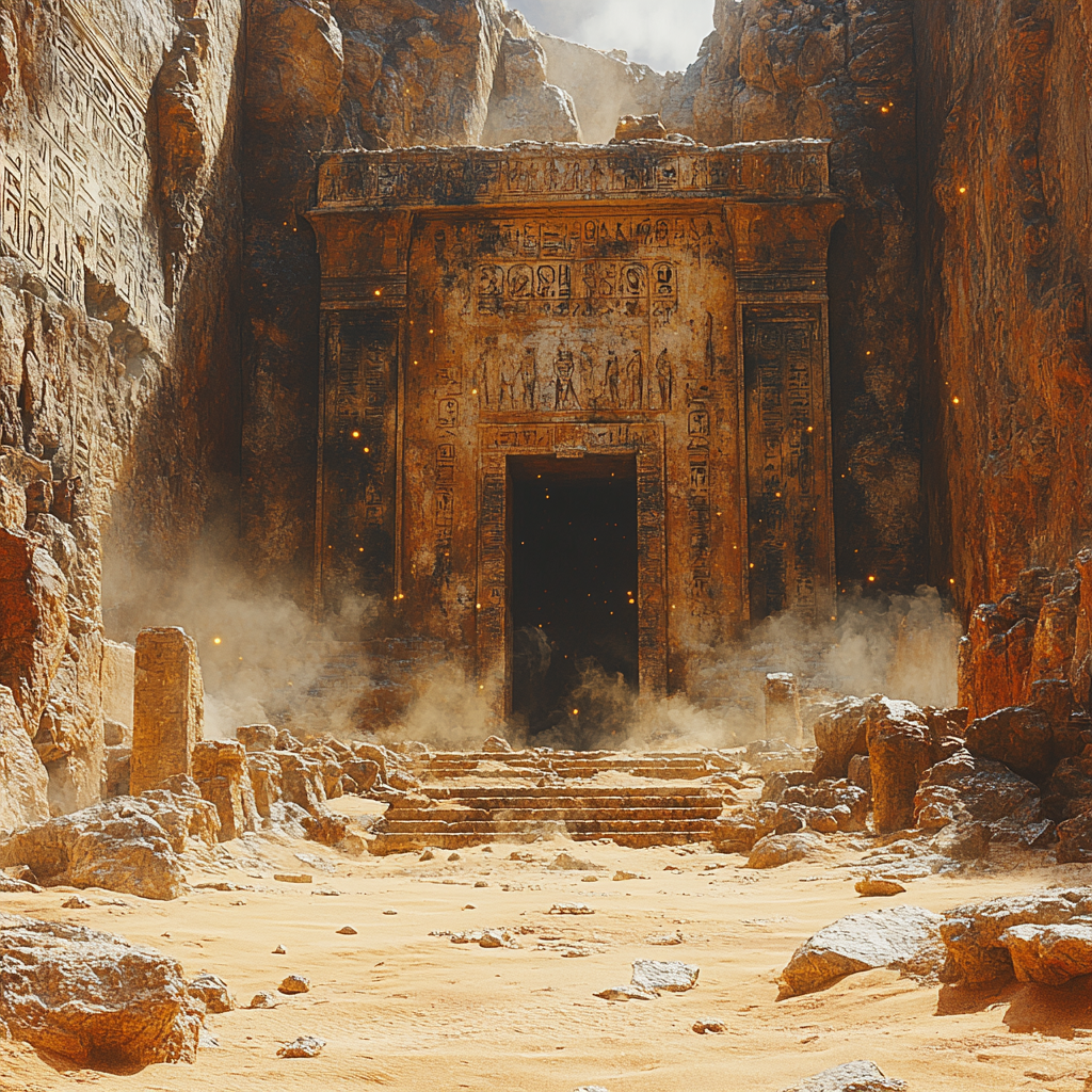 Вход в древнюю гробницу Тутанхамона, скрытую под песком и завалами в Долине Царей, окружённый иероглифами.

