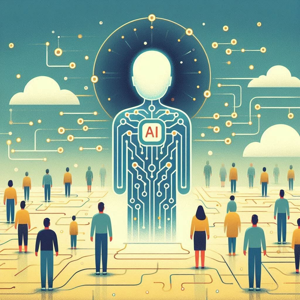 Иллюстрация 2: Символическая фигура ИИ без нитей, стоящая отдельно от людей.