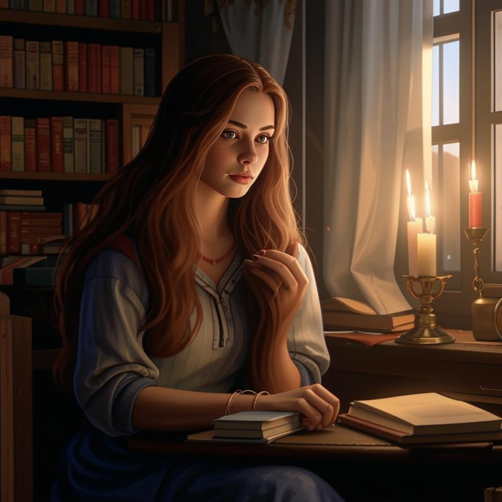 Варвара Петровна, она сидит в тёмной комнате, освещённой тусклым светом свечи, читает книгу, задумчиво глядя в окно. Атмосфера изображена мрачной и одинокой, подчёркивающей её внутренние переживания и изоляцию.