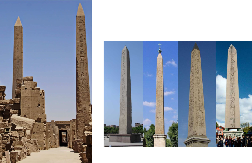 Египетские обелиски в Карнаке (Египет) и в разных городах мира.