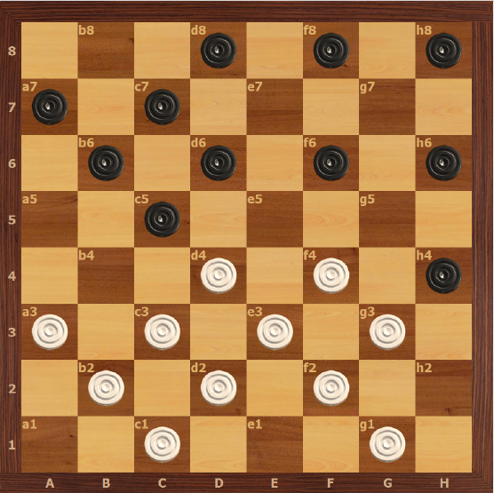 Дополнение к вчерашней позиции после 8…f6 9.h2 fg5 (хуже 9...hg5 10...de5 3.ab4 4.ef4 d6 5.fe3) 10. fe5 11...a5 13.cd4 cb6 14.bc3 hg7x 