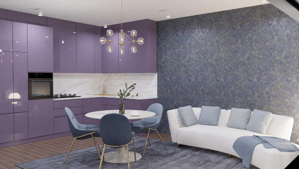 Эскизный дизайн-проект студии 32 м2 в ЖК Сакура, на стене - обои серии "Мармарос" от KERAMA NARAZZI, на полу керамический гранит "Тровазо" с фактурой дерева 