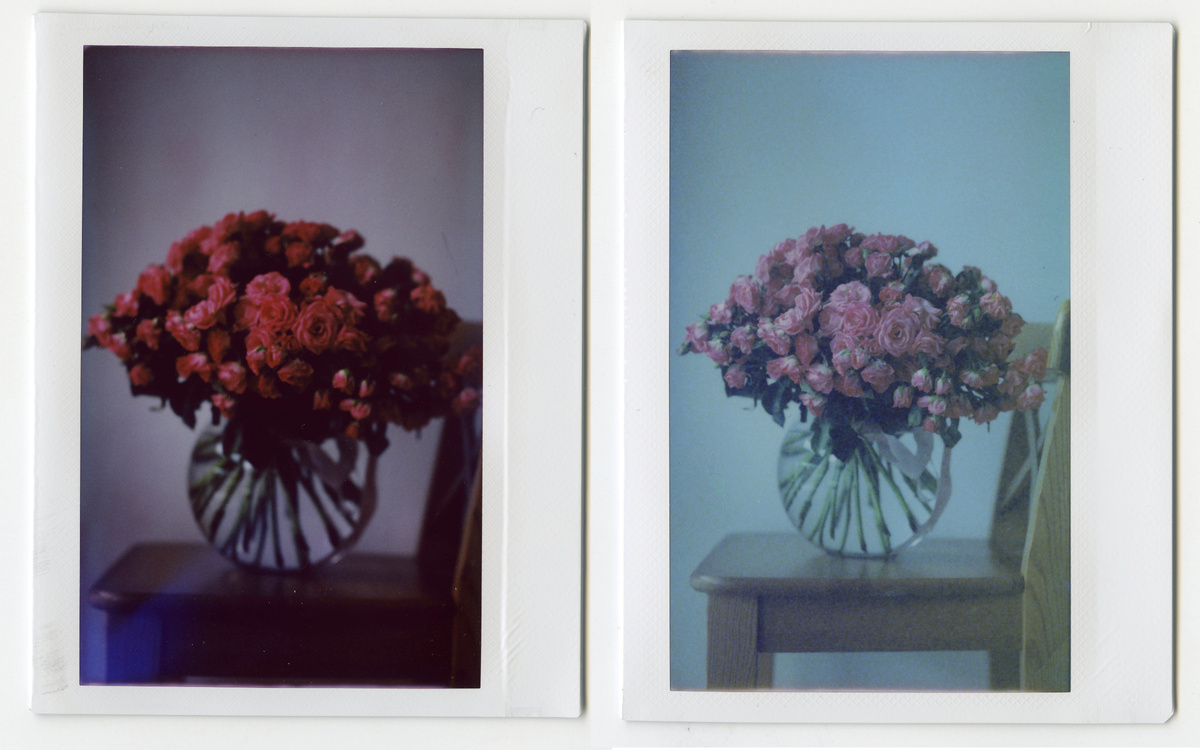 Слева свежий Instax Wide но снятый с экпозицией -1 (просто ошибка экспонометра). Справа просроченный Instax Wide 2015 года. снятый с нормальной экспозицией. Снято на фоне белой стены при дневном мягком освещении.