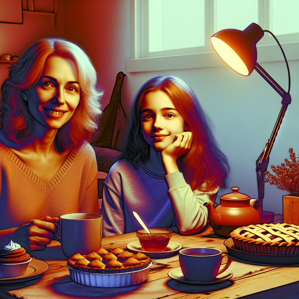 Фотореалистичное изображение, изображающее мать и дочь, сидящих за кухонным столом, освещённым ярким солнечным светом. Мать улыбается, а дочь, с лёгкой тревогой на лице, делится своими чувствами. Вокруг уютная обстановка с домашней атмосферой, где на столе стоят приготовленные пирожки и чашки с чаем. Это момент откровенного разговора, наполненный теплом и пониманием. / ИИ-арт Надежды Ивановой.