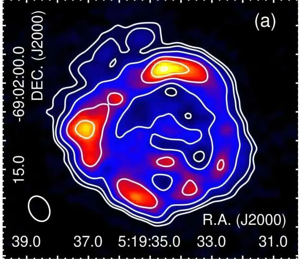 Обломки сверхновой LMC MC SNR J0519–6902, полученные Australia Telescope Compact Array (ATCA). Источник: Alsaberi et al/arXiv 2025.
