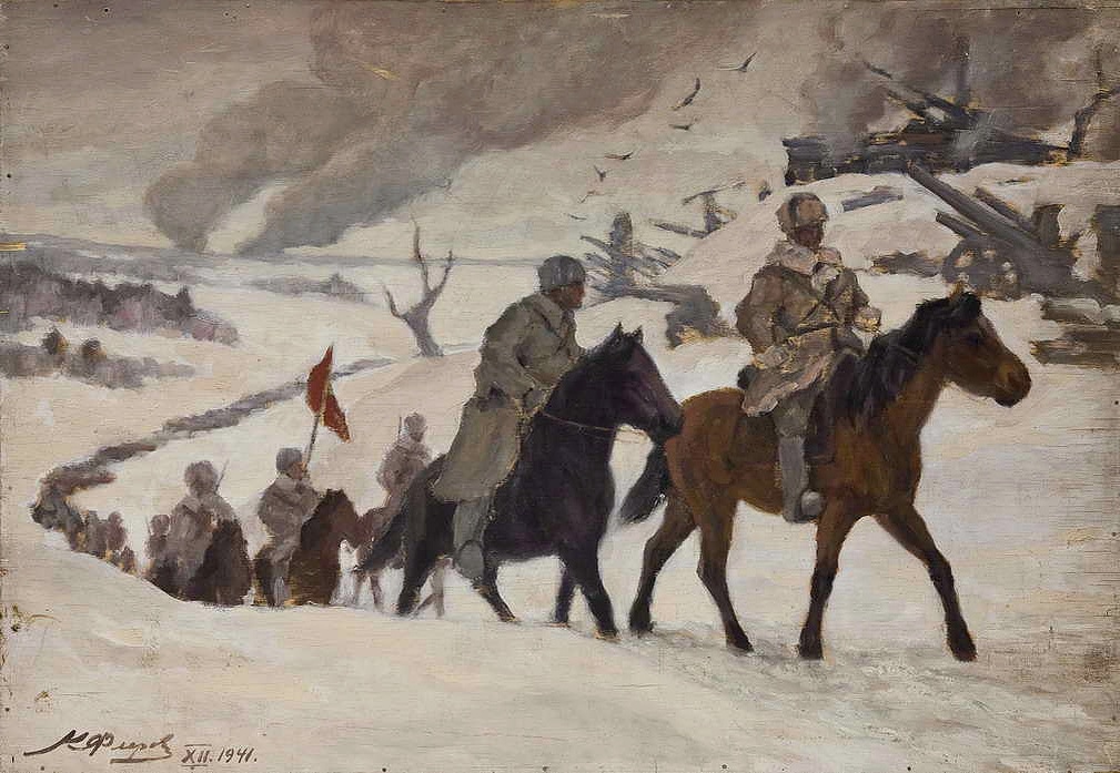 Флёров Константин Константинович, «Конница на марше», 1941, фанера; масло, 71 х 102 см, Государственный Дарвиновский музей