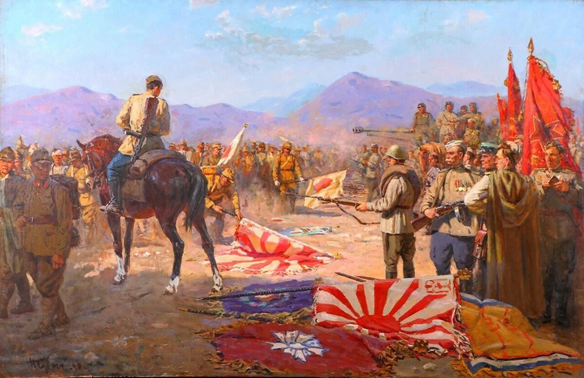 Судаков Павел Фёдорович. «Капитуляция Квантунской армии», холст, масло, 140х200 см, 1948 год, находится в Государственном центральном музее современной истории России.