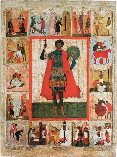 Великомученик Георгий, с житием. Начало XVI века. Москва. Дерево, темпера. 117,5×88,5 см.
Собрание Музея имени Андрея Рублева