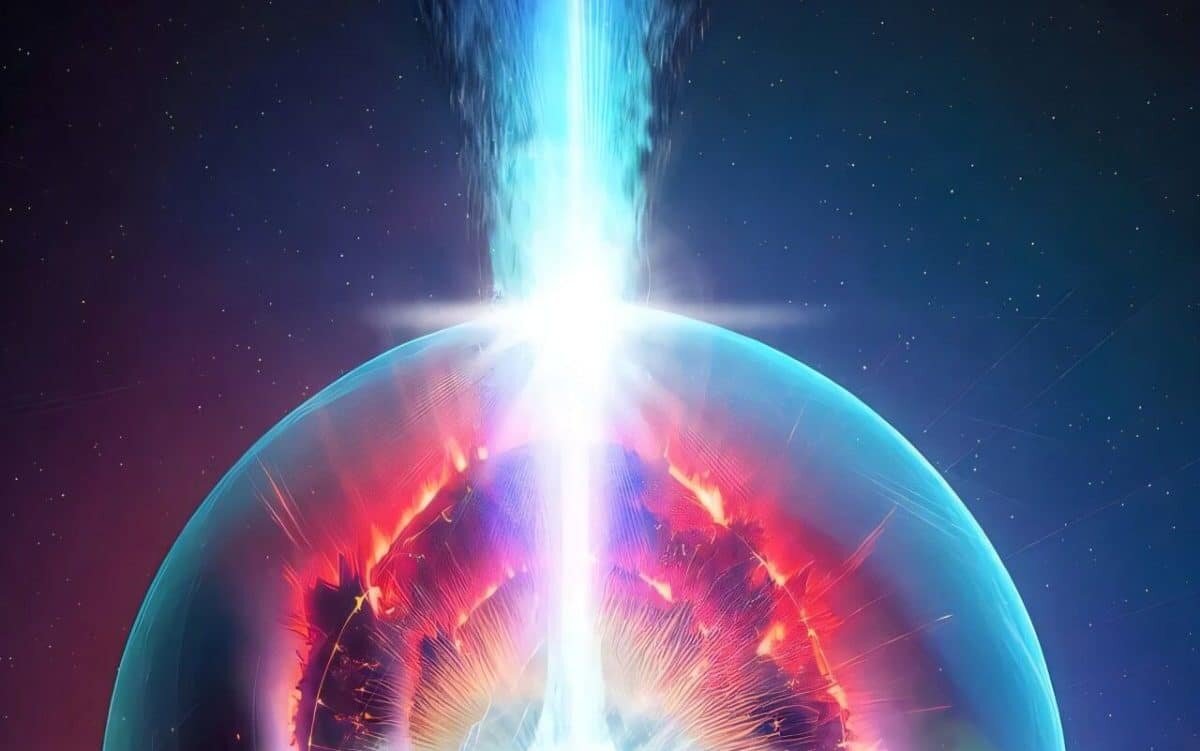    Джет из высокоэнергетических фотонов прорывается сквозь сброшенное звездой вещество. Это провоцирует образование свободных нейтронов для формирования тяжелых элементов. В представлении художника / © Los Alamos National Laboratory