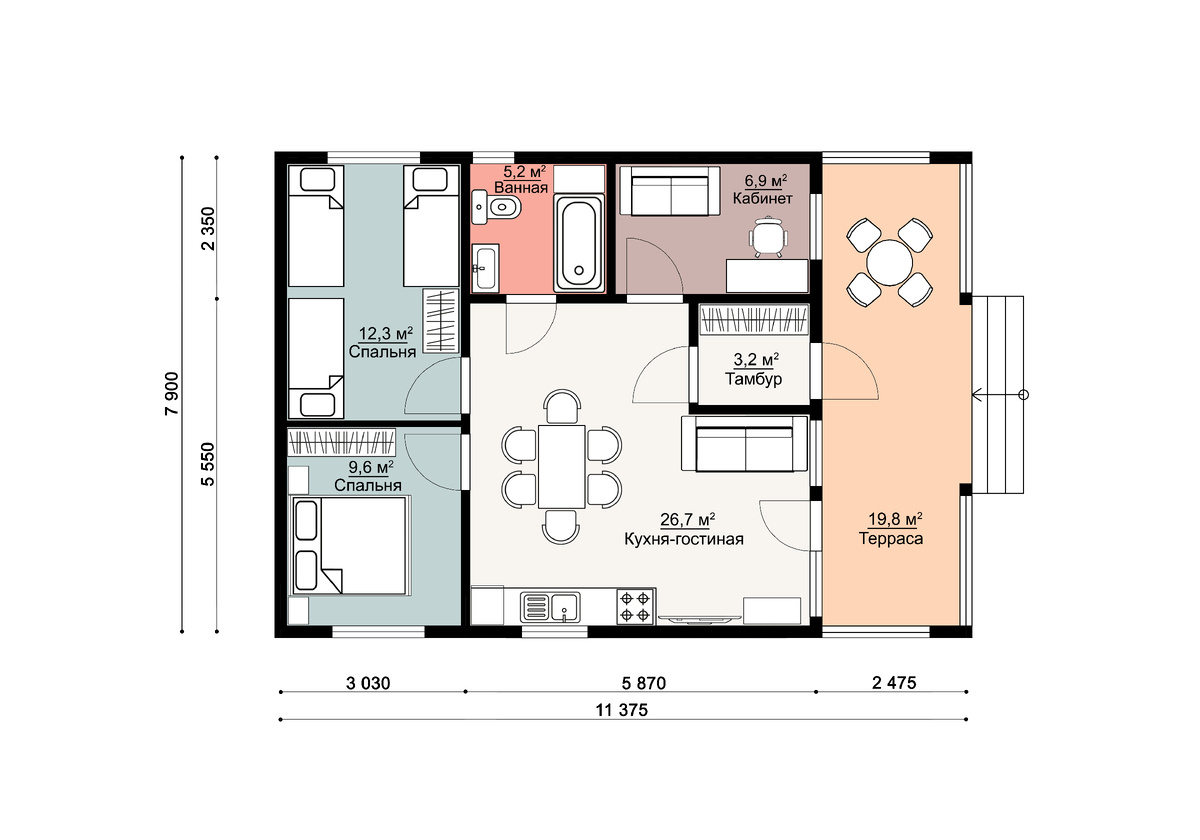 Планировка одноэтажного каркасного дома «Вербена»: 90 м² от СК «Дома №1»