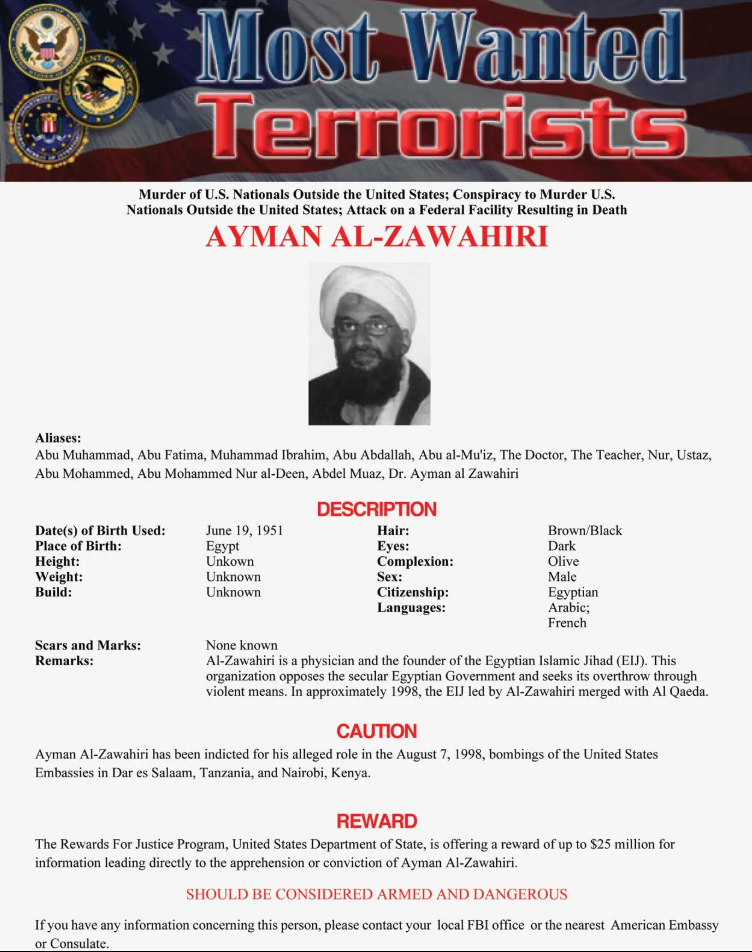 Айман аз-Завахири. Плакат ФБР с изображением Аймана аз-Завахири.