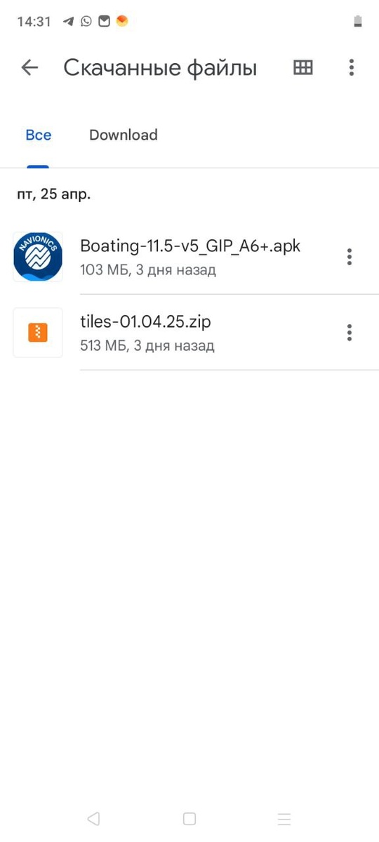 Установочный файл и архив с картой в папке Download (Загрузки) в памяти устройства.