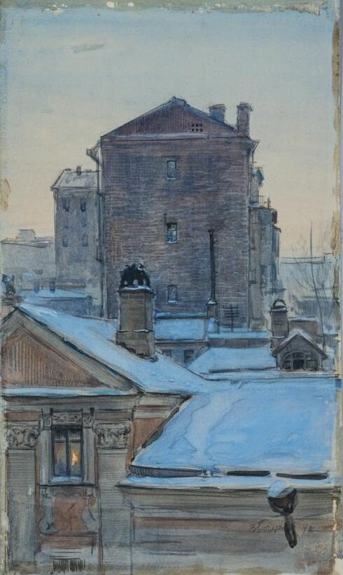 Богаткин В.В. «Зимой», 1942 г., бумага, карандаш, акварель, белила. Источник: фото из Интернета