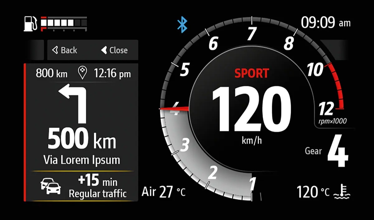 Пример отображения пошаговой навигации на приборной панели Multistrada V4