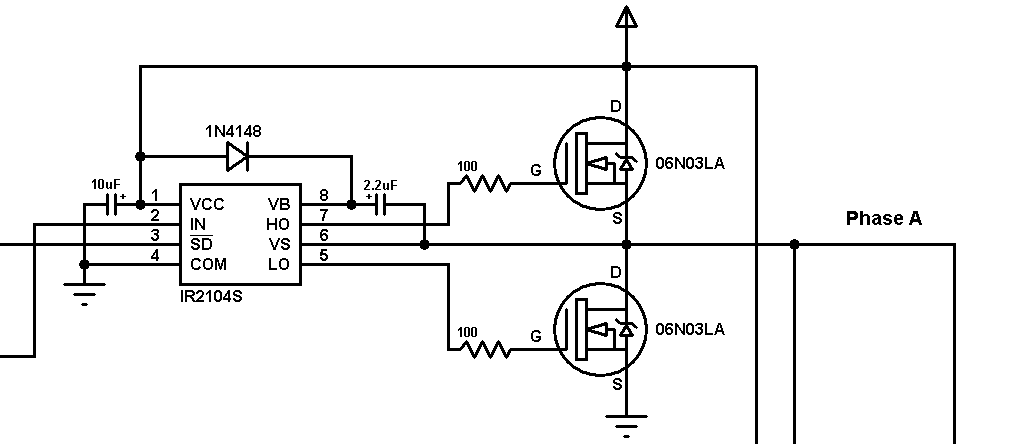Схема силового полумоста на IR2104S (драйверы MOSFET)