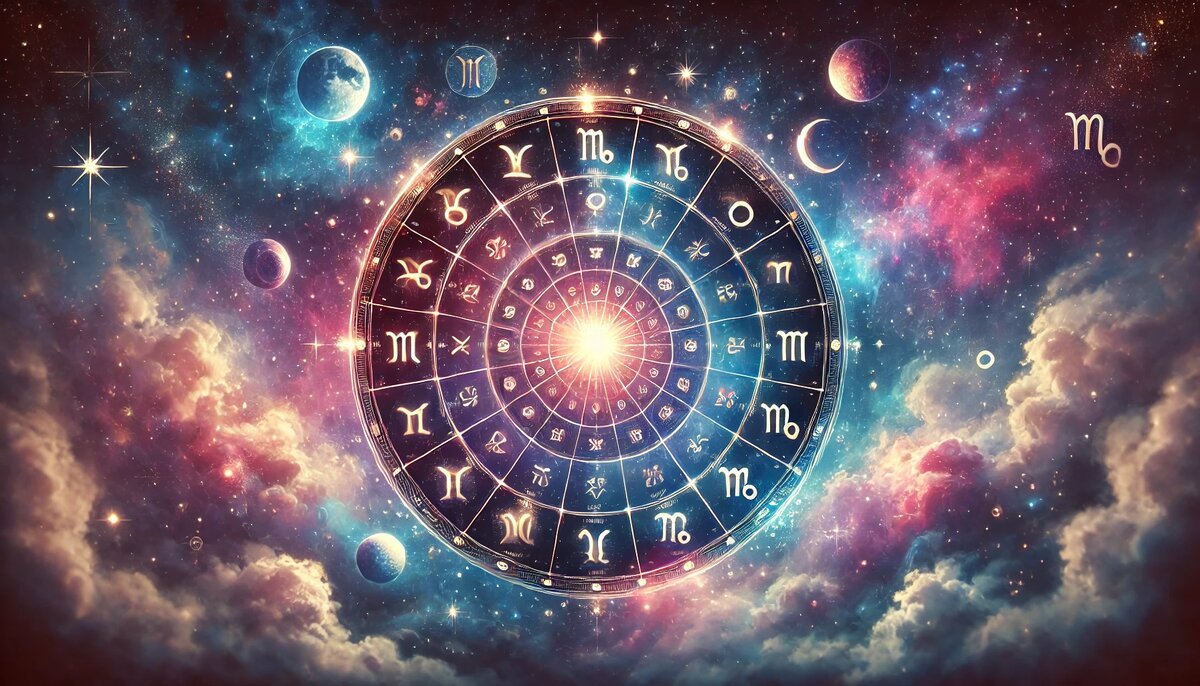 Элегантная иллюстрация "Гороскоп на сегодня" — 12 светящихся знаков зодиака на фоне звёздного космоса