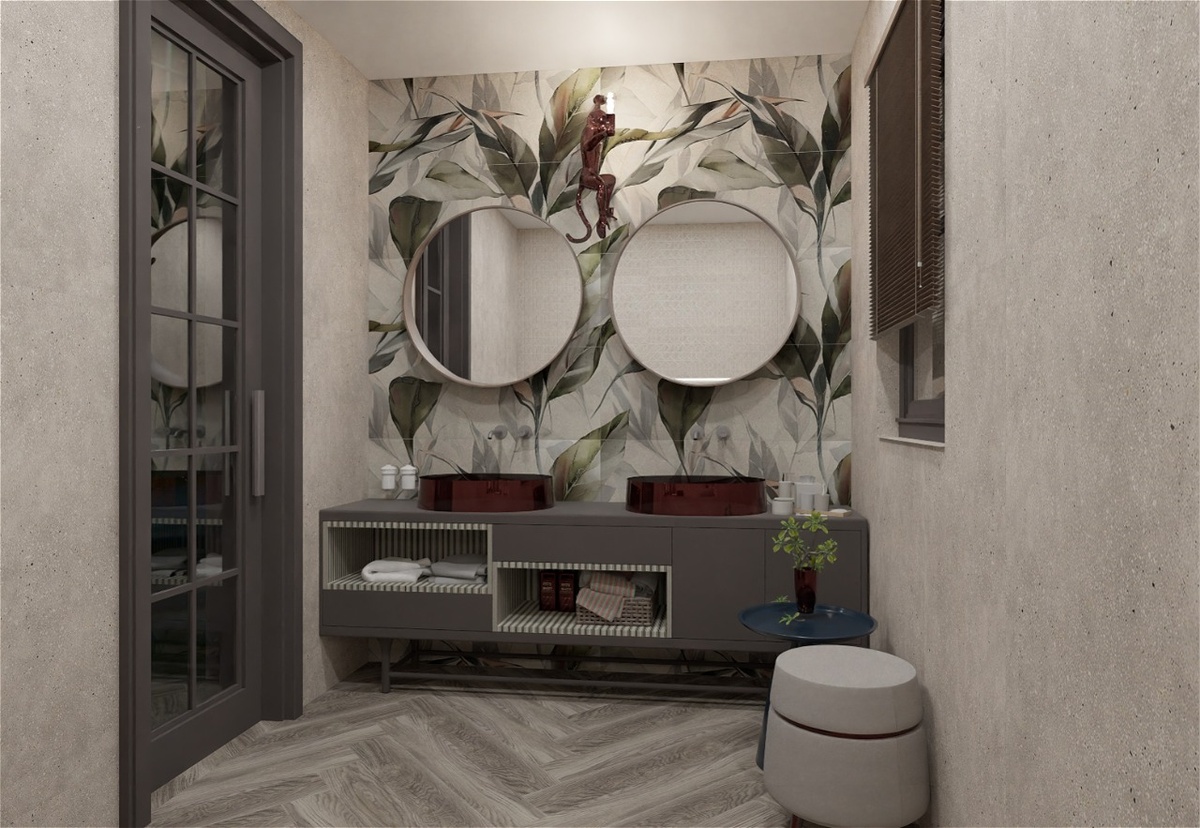 акцентная стена выполнена с помощью керамогранита из коллекции Ape, Ama