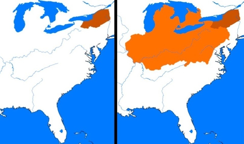 Изначальная территория проживания ирокезов (темно-оранжевая) и территория, захваченная ирокезами у соседних племен (оранжевая)